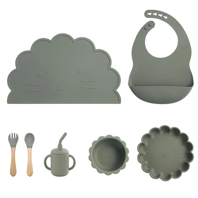 7Pcs/Set Baby Silicone Children'S Tableware Waterproof Bib Food Grade Baby Dishes Plate Suction Bowl Newborn Sippy Cup and Spoon