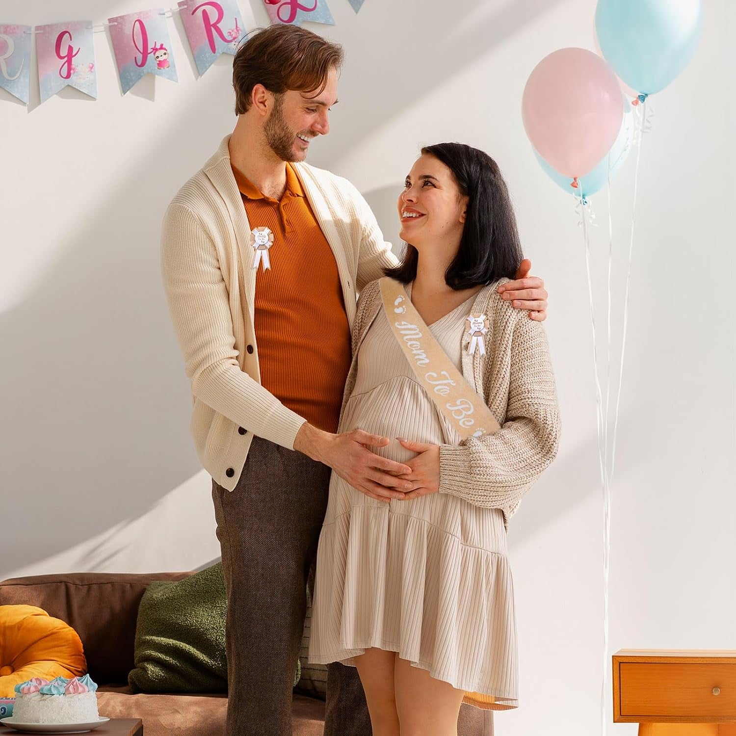 Mom to Be Schärpe Baby Shower Deko Set Mit Mom to Be Daddy to Be Abzeichen Baby Shower Schärpe Sackleinen Gürtel Für Mom to Be Anstecknadel Für Papa Babyparty Geschenk Party Dekoration