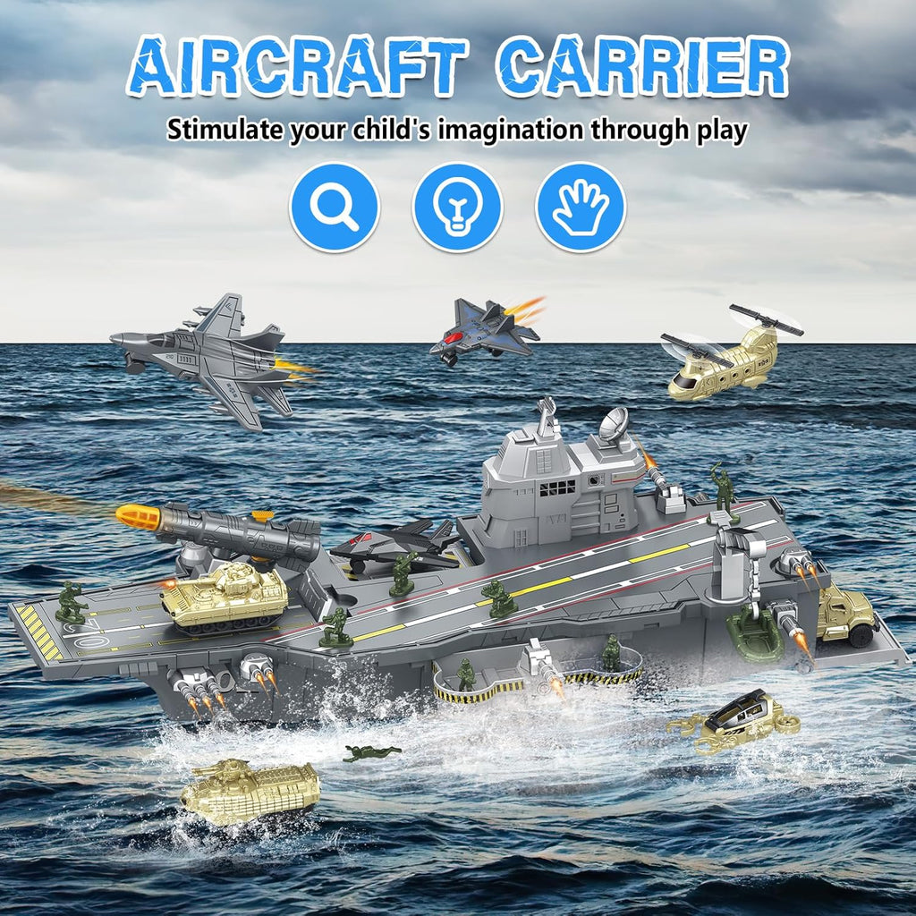 Deao Modellschiff-Flugzeugträger, Militär Flugzeug Spielzeug Set Für Kinder | Schlachtschiff Modell Mit Spielzeugsoldaten, Hubschrauber, Militärflugzeuge, Panzer, Kampfschiff Spielzeug Militärspielsachen